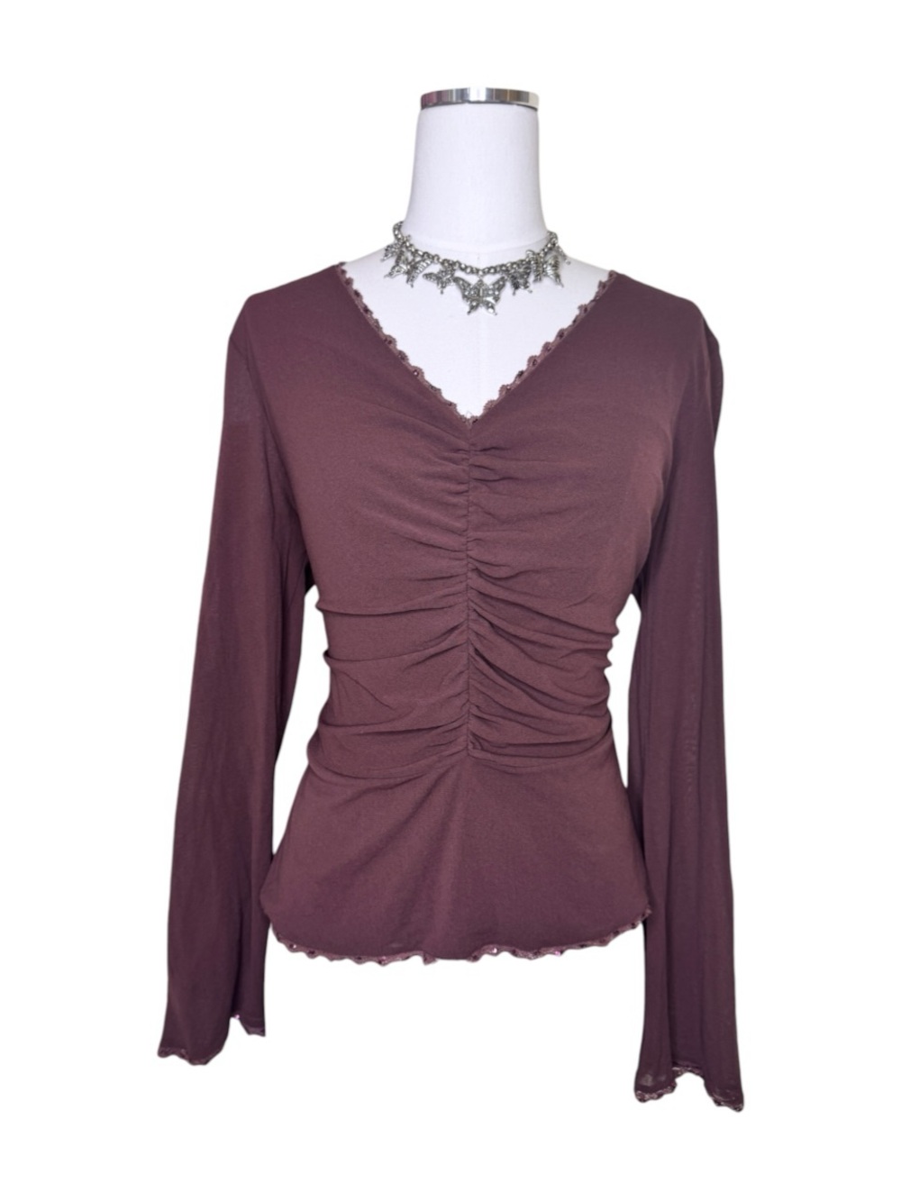 Vision Apparel Brown Ruched Lace + Sequin Trim V-Neck Long Sleeve Top Size Large